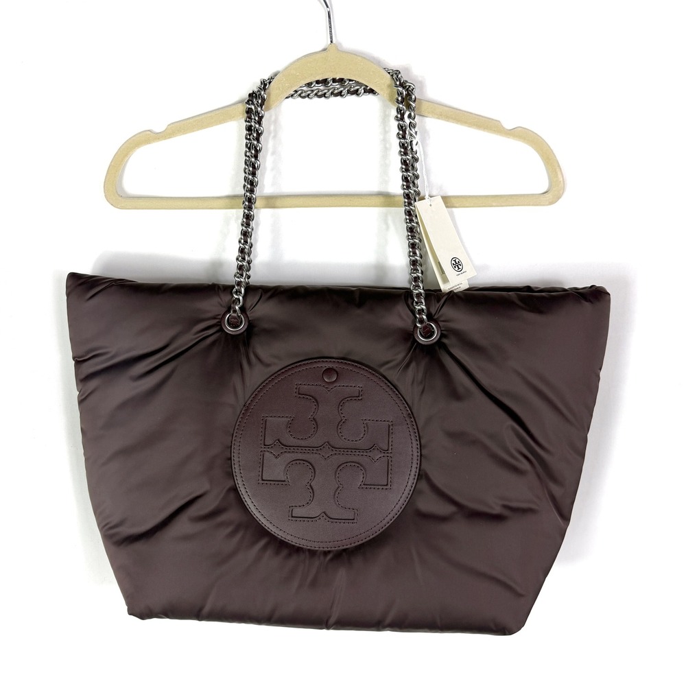Tory Burch Ella Puffy Chain Tote Brown Tempranillo Nylon Bag Large